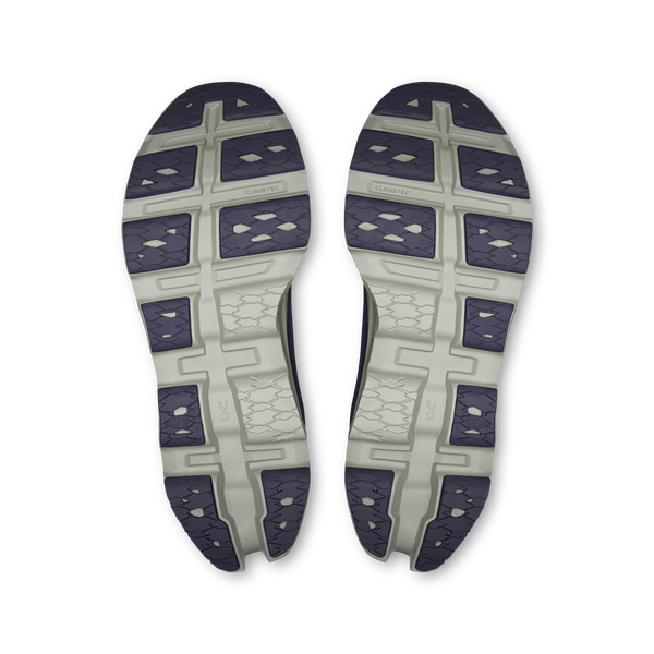 Pair of gray and purple shoe insoles on a white background