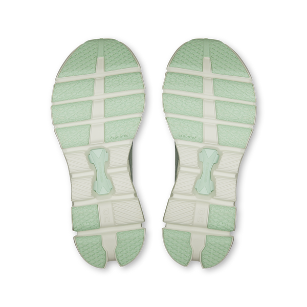 Sole view of green and white shoe soles on a white background