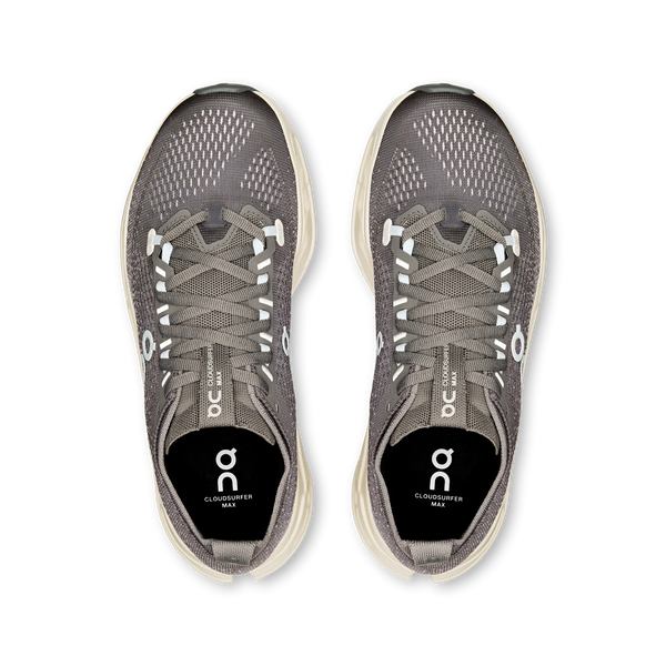 Pair of women's On gray athletic shoes with 'on' branding on a white background