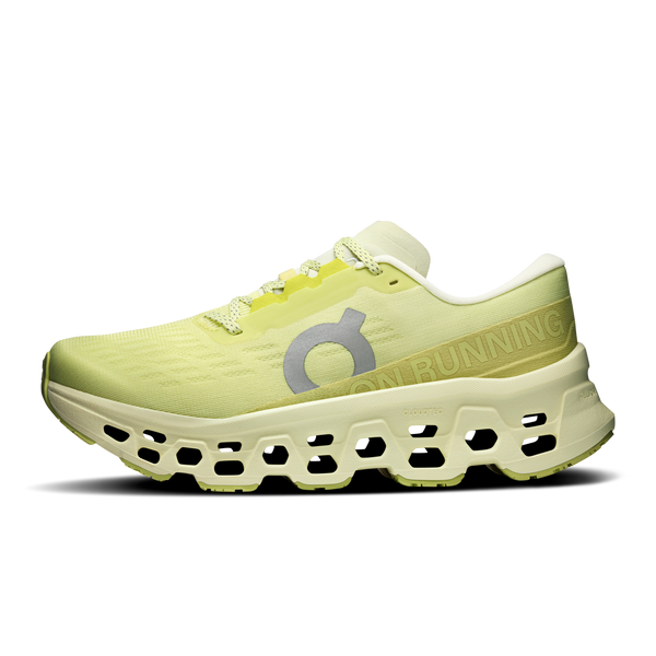 Light green running shoe with 'On' branding on a white background