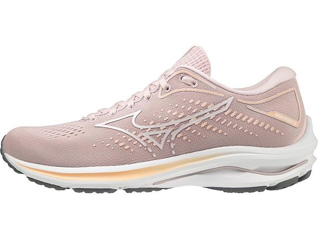 Medial view of the Women's Mizuno Wave Rider 25 in the color Pale Lilac / White