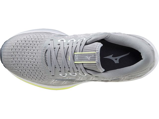 Top view of the Women's Mizuno Wave Rider 25 Waveknit in the color Harbor Mist / Silver