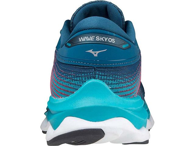 Back view of the Women's Mizuno Wave Sky 5 in the color Legion Blue / Silver