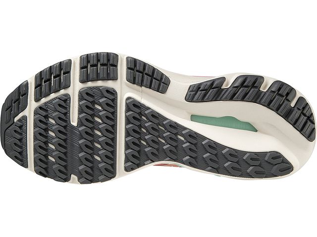 Bottom (outer sole) view of the Women's Mizuno Inspire 18 in the color Rosette / Snow White