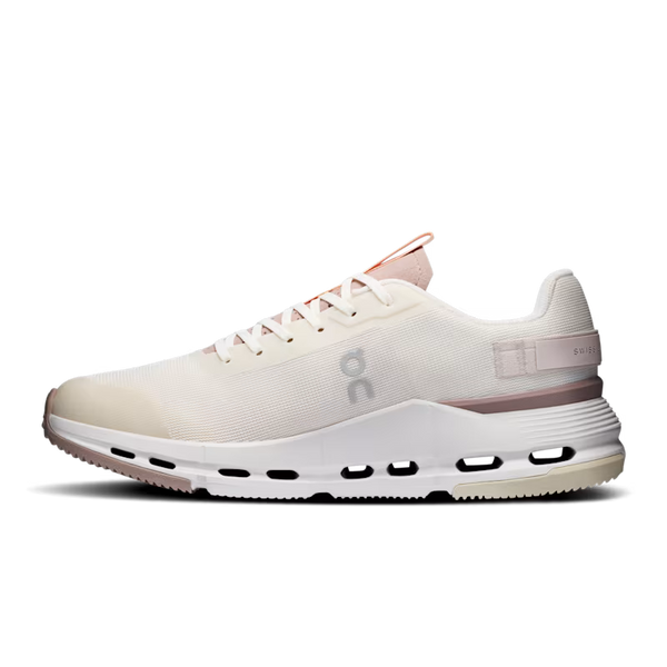 White running shoe with blue swoosh logo on a white background