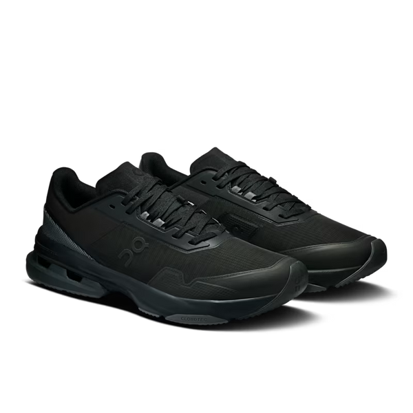 A pair of black On gym shoes with a matte finish, shown from a three-quarters angle on a white background.