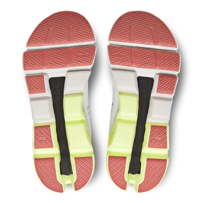 Bottom (outer sole) view of the Women's ON Cloudflyer 4 in the color White/Hay