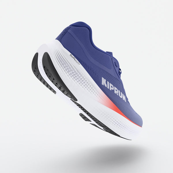 Blue and white running shoe with Kiprun branding on a light gray background