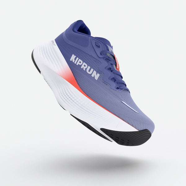 Blue running shoe with white sole on a light gray background