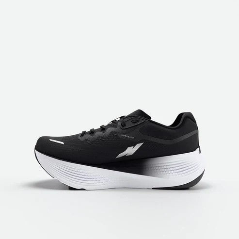 Black running shoe with white sole on a light gray background