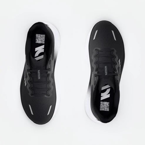 Black running shoes with a visible brand logo on a white background