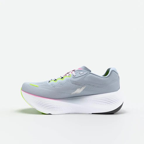 Gray running shoe with a white sole on a light gray background
