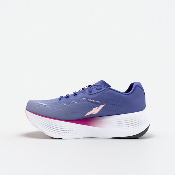 Purple running shoe with white sole on a light gray background