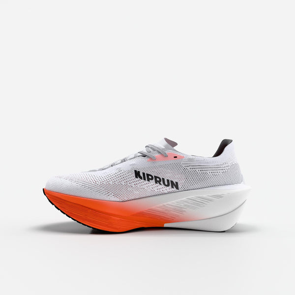 White running shoe with orange sole on a white background