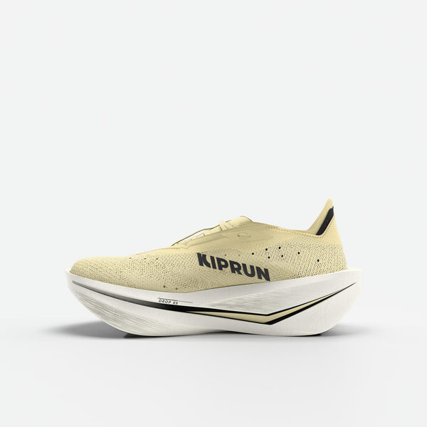 Yellow running shoe with 'KIPRUN' branding on a white background