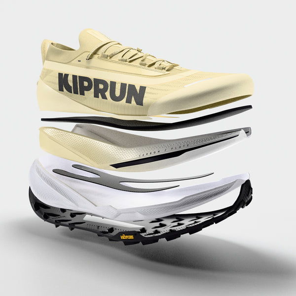 Kiprun running shoe with a focus on sole design on a light gray background