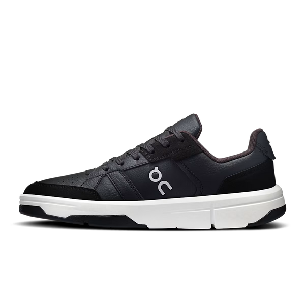 A black On brand low-top sneaker with a textured leather upper, black laces, a white midsole, and a white stylized 'on' logo on the side, shown against a plain white background.