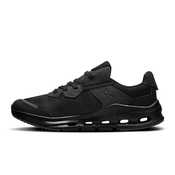 The medial side of an On lifestyle shoe in all black.