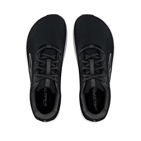 A pair of women's black Altra shoes from the top down view.