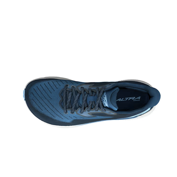 Blue running shoe with 'Altra' branding on a white background