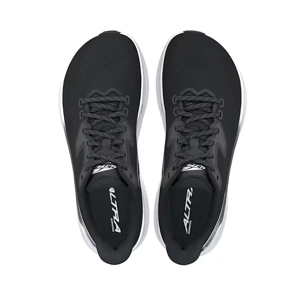 Top down look of a pair of Altra running shoes with a black upper.