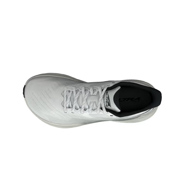 White running shoe with black sole on a white background