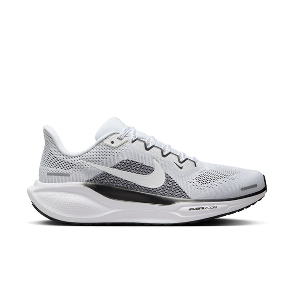 The lateral side of this mostly all white Nike Pegasus 41 shoe has a white Swoosh.