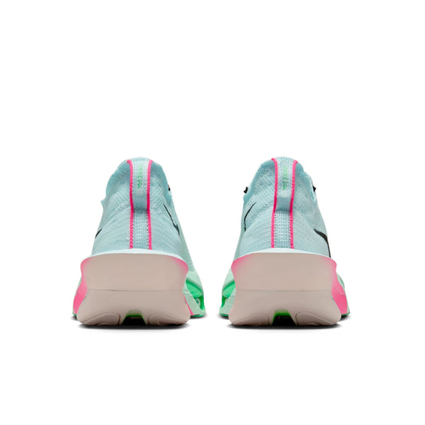 Back view of a pair of light blue and pink sneakers on a white background.