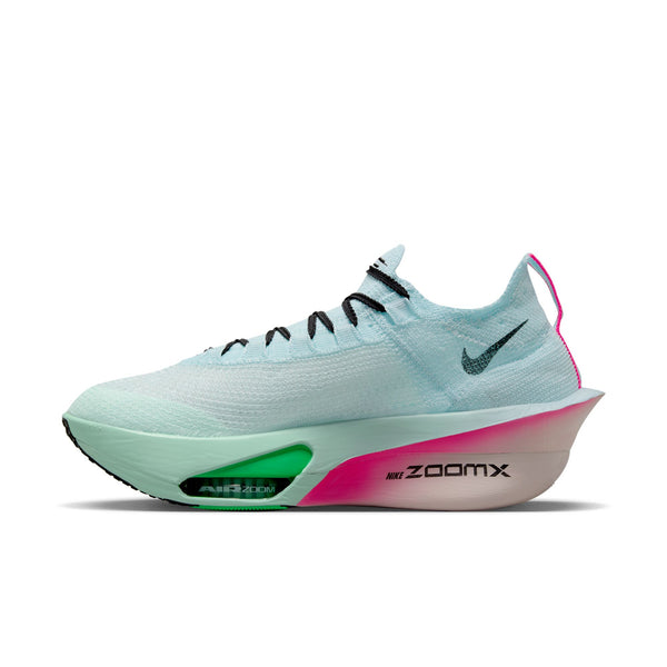 The medial side of the Alphafly 3 is a light blue running shoe with pink accents on a white background.