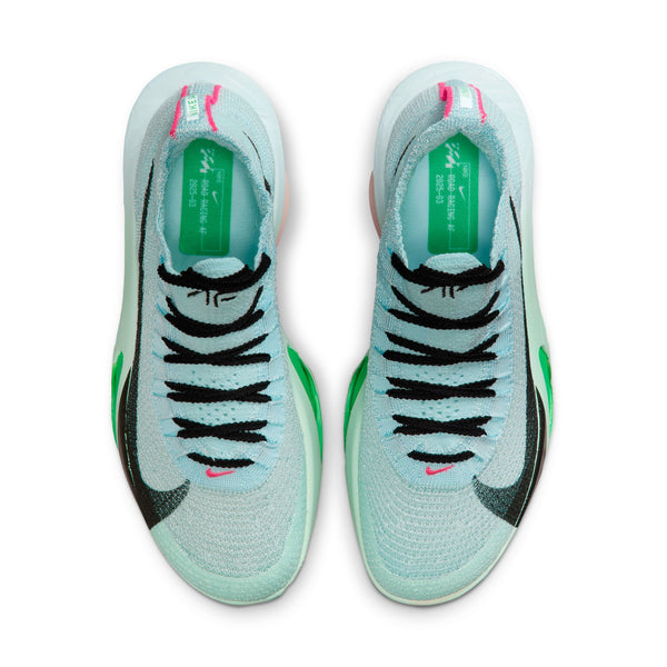 Top down look at a light blue running shoes with black and pink accents on a white background.