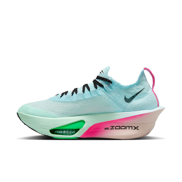 Medial side of a light blue running shoe with pink and green accents on a white background.