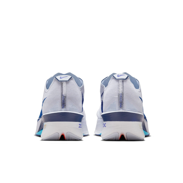 Pair of white and blue athletic shoes on a white background.