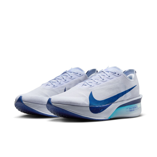 Men's Nike white and blue running shoes with Nike logo on a white .background