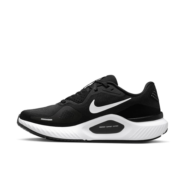 Black running shoe with white sole on a white background.