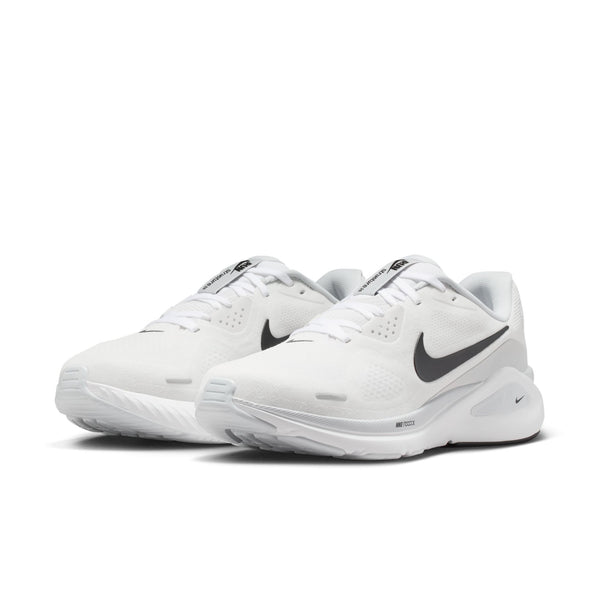 White athletic shoes with black Nike logos on a white background.