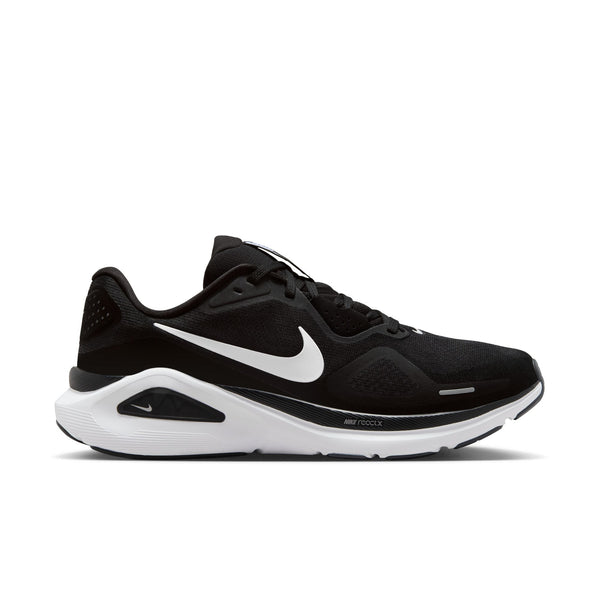 Black running shoe with white sole on a white background.