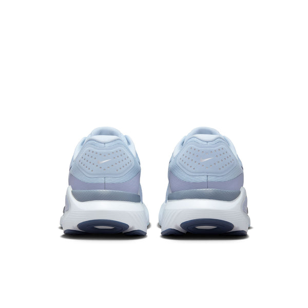 The heel of a pair of light blue running shoes on a white background.