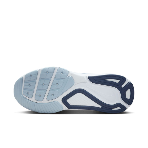 Side view of a white and blue athletic shoe on a white background.