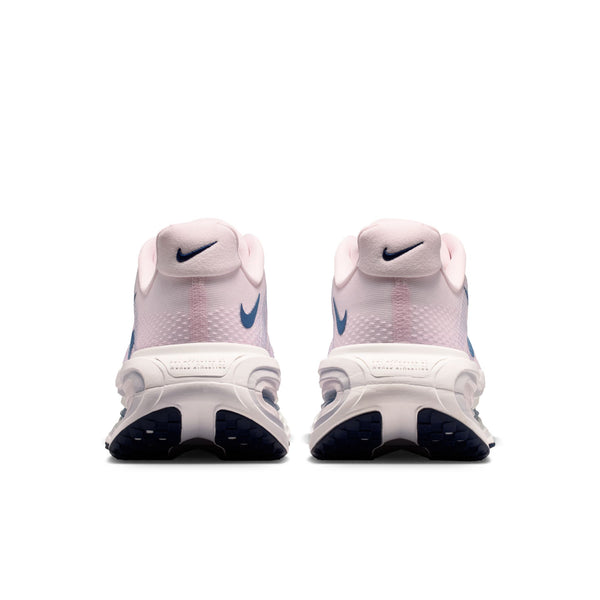 White running shoes with blue accents on a white background