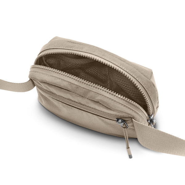 Beige crossbody bag with a zipper on a white background