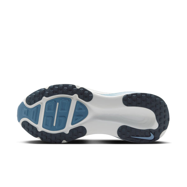 Sole of a shoe with blue and black design on a white background