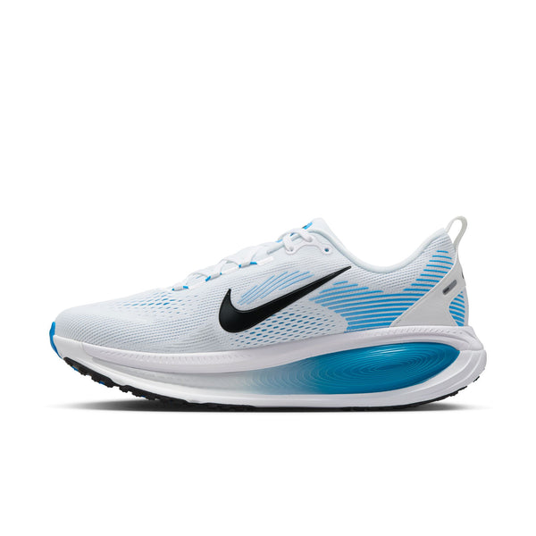White running shoe with blue accents and black Nike logo on a white background