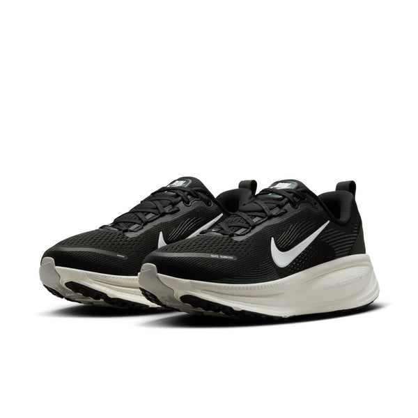 Black running shoes with a white Nike logo on a white background.
