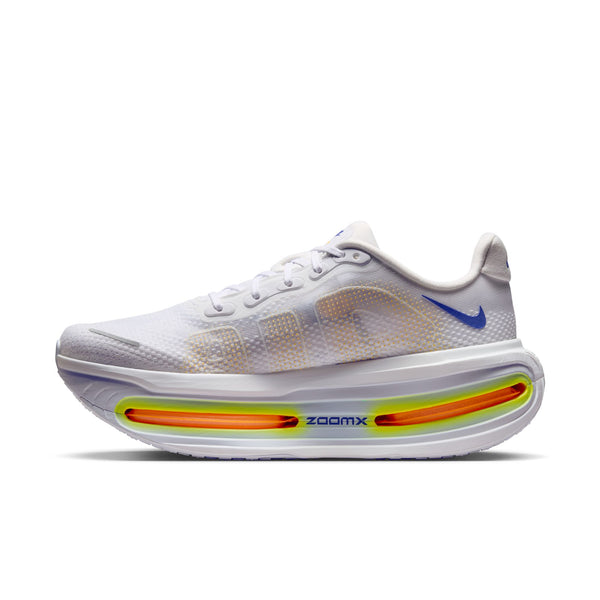 White running shoe with colorful sole on a white background