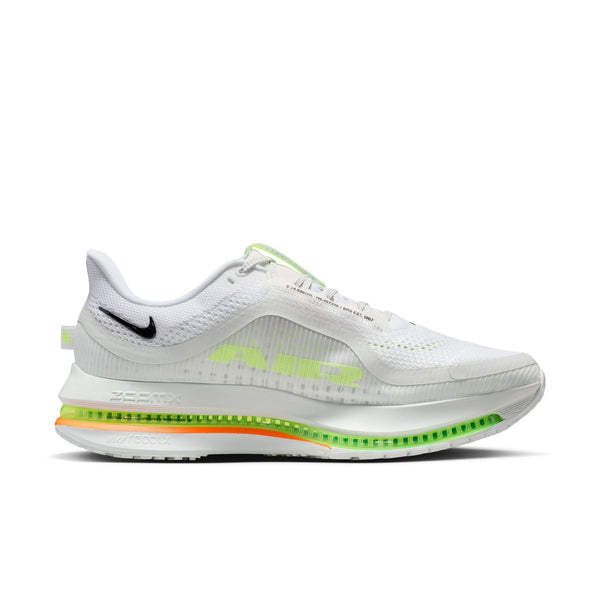 White running shoe with colorful sole on a white background