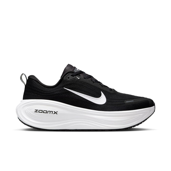 Men's Vomero Plus black running shoe with white Nike logo on a white background.
