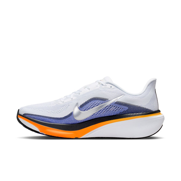 White running shoe with orange sole on a white background
