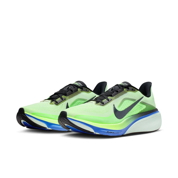 Pair of Pegasus 42 neon green running shoes with black and blue accents on a white background