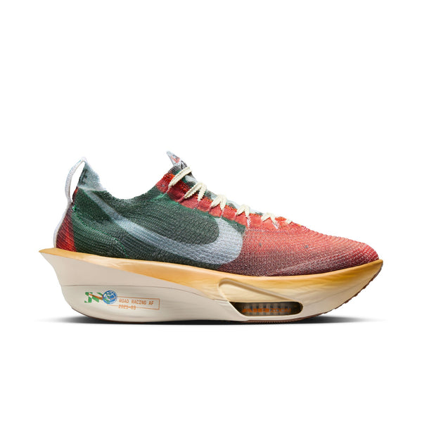 Multicolored sneaker with a unique sole design on a white background.