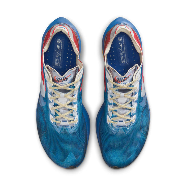 Blue running shoes with white and red accents on a white background.